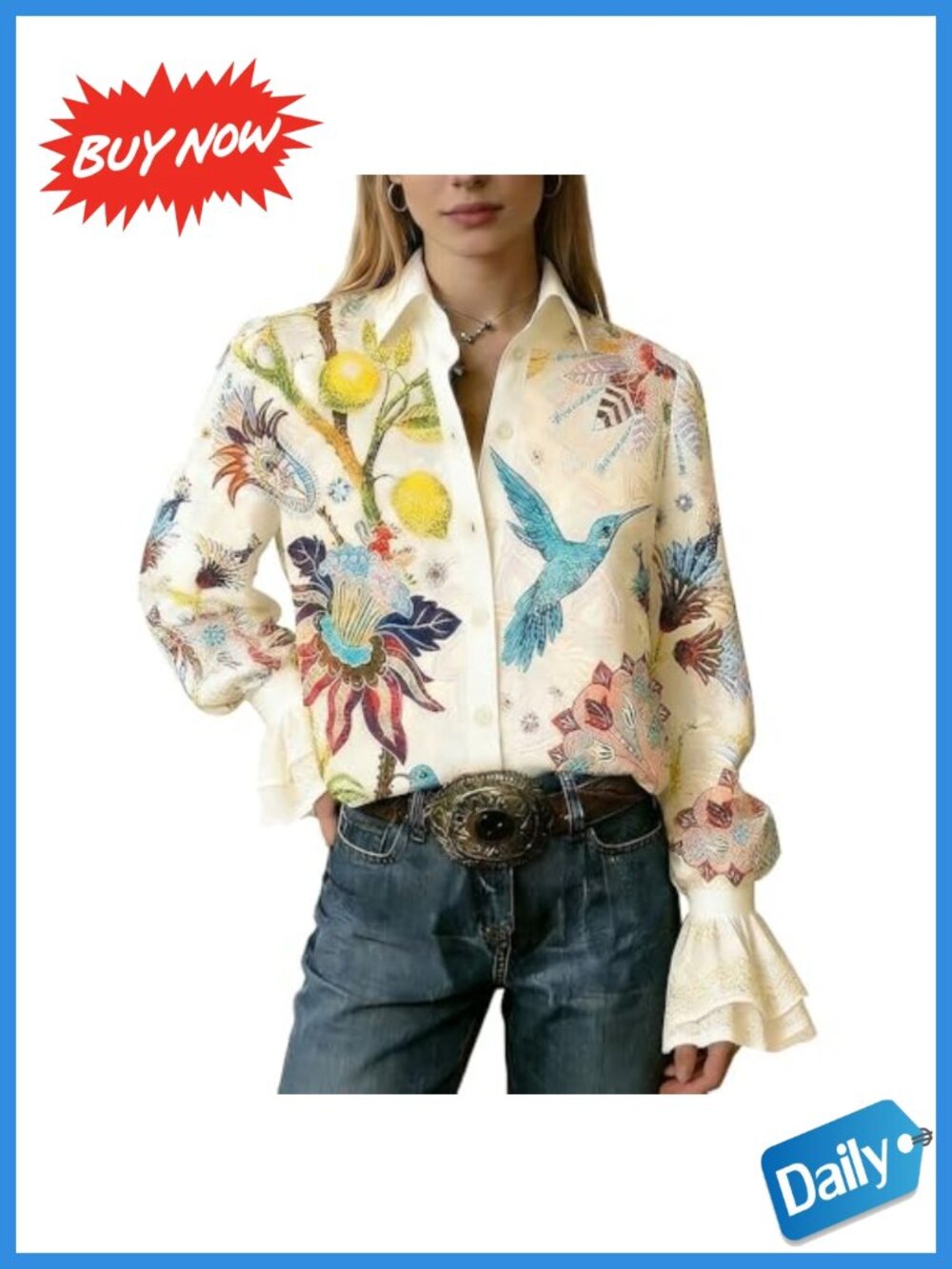 Boho Paisley Long Sleeve Button Down Blouse Ruffled Cuff Loose Fit